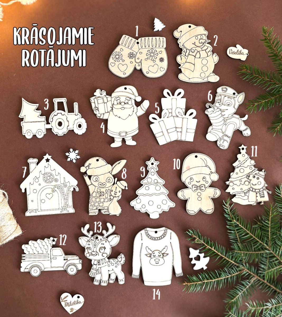 Krāsojami koka Ziemassvētku rotājumi bērniem | Personalizētas dāvanas SIA KATEC