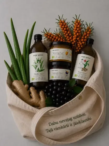 Sage-green - auksti spiestas, funkcionālas sulas, kas gatavotas no dabīgām sastāvdaļām.  — Instagram